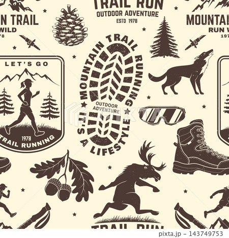 Seamless Mountain Trail Running and Hiking Pattern. Vector. Vintage Wilderness Background with Trail Shoes, Running Badges, Mountain Peaks, Forest Animals, Moose and Hiking Gear. Retro Outdoor Sport Seamless Mountain Trail Running and Hiking Pattern. Vector. Vintage Wilderness Background with Trail Shoes, Running Badges, Mountain Peaks, Forest Animals, Moose and Hiking Gear. Retro Outdoor Sport 143749753