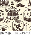 Seamless Mountain Trail Running Pattern. Vector. Vintage Outdoor Sport Background with Running Vest, Hiking Poles, Mountain Badges, Forest and Trail Runner Silhouettes. Retro Adventure Design for 143749754