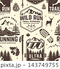 Seamless Trail Running and Outdoor Adventure Pattern. Vector. Vintage Mountain Sport Background with Running Badges, Mountains, Forest, Hiking Poles, Goggles and Wildlife. Retro Wilderness Design for 143749755