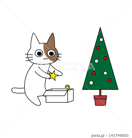 クリスマスツリーに星の飾りをつける・片付ける茶白猫の飾り付けイラスト クリスマスツリーに星の飾りをつける・片付ける茶白猫の飾り付けイラスト 143749803