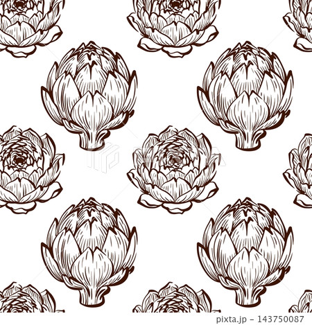 Artichoke seamless pattern vector pairs small closed flower buds with branching stems and pointed leaves, producing a rhythmic botanical repeat in finely drawn monochrome lines 143750087