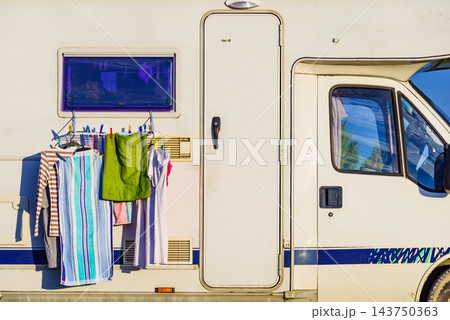 Clothes hanging to dry outdoor at caravan Clothes hanging to dry outdoor at caravan 143750363