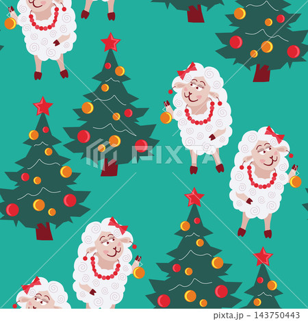 Seamless pattern white sheep decorating a Christmas tree 143750443