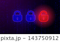 Cybersecurity Breach Concept with Glowing Blue Locked Padlocks and One Red Unlocked Padlock on Binary Code Background. Data Protection and Hacking 143750912