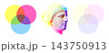 CMYK Halftone Print Effect with Overlapping Color Circles and Classical Statue Face Profile 143750913