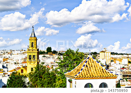 Bell tower of the Church of Santiago in Alcala de Guadaira, located in Plaza del Derribo; Seville.	 143750950