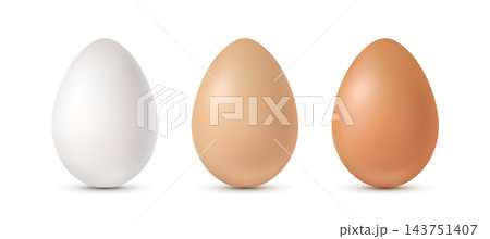 Three chicken eggs of white, brown and brownish-brown colors on a white background. 143751407