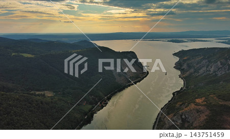 Danube river and mountains in Djerdap National Park at sunset 143751459
