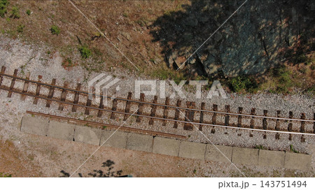 Winding narrow gauge railway curving through green forest Winding narrow gauge railway curving through green forest 143751494