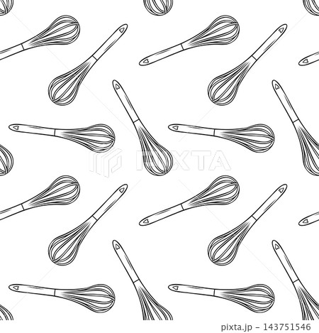 Whisk doodle pattern in black and white sketch style. Hand-drawn baking tool illustration for kitchen decor, pastry branding and packaging Whisk doodle pattern in black and white sketch style. Hand-drawn baking tool illustration for kitchen decor, pastry branding and packaging 143751546