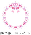 Circular wreath made of pastel pink princess crowns with glossy hearts, sparkling stars and a large pink ribbon bow. Cute girly frame with empty white center for birthday invitations, baby shower. 143752197