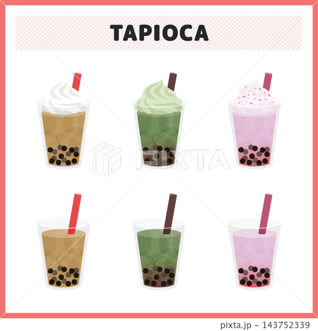 タピオカミルクティーや抹茶・桜・苺のドリンクイラストセットカフェやスイーツ向けベクター素材 143752339
