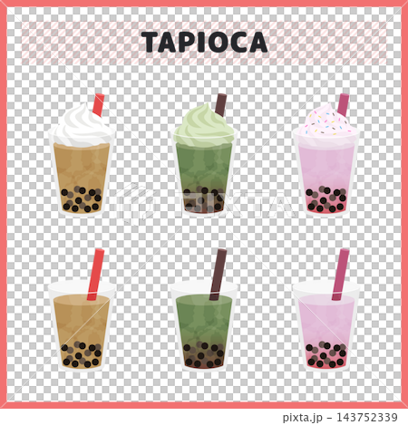 一套木薯奶茶、抹茶、櫻花和草莓飲品的插圖，適用於咖啡館和甜點店的向量材料。 143752339