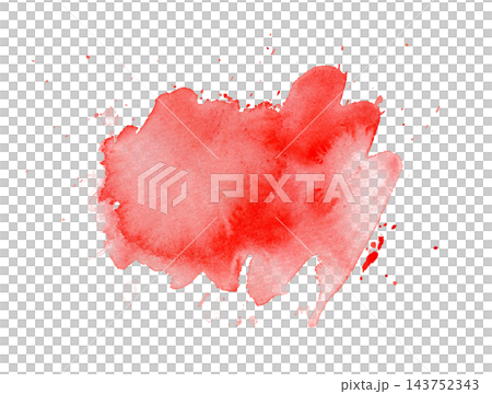 Abstract watercolor paint textured scarlet red round blob shape with drops splatter. Creative coral watercolour brush stroke stain splash with spray spots for banner design, blood frame background 143752343