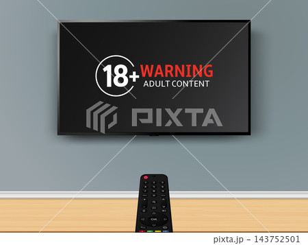 Remote control is pointed at the tv with adult content warning sign on screen Remote control is pointed at the tv with adult content warning sign on screen 143752501