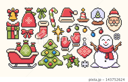 Christmas Pixel Icons Set Retro Christmas Pixel Icons Set Retro 143752624