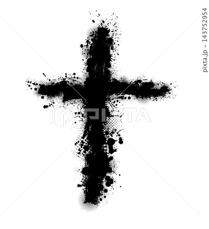 Religious cross painted with a brush ink blots and splashes. Hand-drawn. Not AI. Vector illustration. 143752954