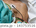 A hospital patient lies beneath green fabric adhesive monitoring electrodes wires attached to the chest while white bedding frames close view of clinical monitoring equipment 143753516