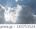 Sunlight glows behind thick white clouds dark gray shaded edges blue sky creating bright rays contrasting layers across an open daytime cloudscape space for background use 143753524