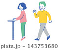 歩行運動とテーブルを使った体操をする高齢者_色 143753680