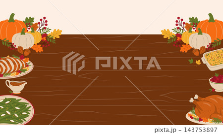 Thanksgiving Wooden Table Background with Holiday Feast and Autumn Decorations Thanksgiving Wooden Table Background with Holiday Feast and Autumn Decorations 143753897