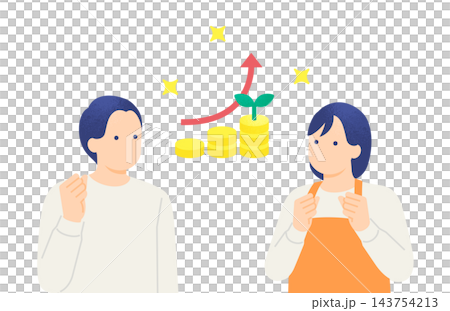 一對夫婦慶祝投資成功,財富增長;背景中有人物、一枚向上傾斜的硬幣和一支箭頭。 一對夫婦慶祝投資成功,財富增長;背景中有人物、一枚向上傾斜的硬幣和一支箭頭。 143754213