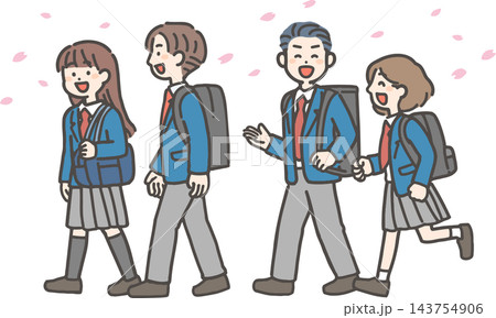 桜の中、おしゃべりして歩く冬制服の男女学生4人（中学生・高校生） 143754906
