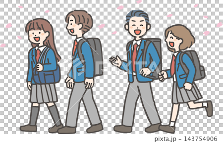 桜の中、おしゃべりして歩く冬制服の男女学生4人（中学生・高校生） 143754906