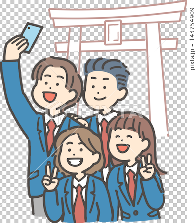 四名國中學生在鳥居前自拍。 143754909