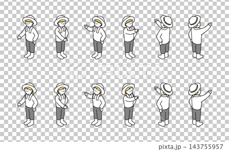 アイソメトリックイラスト:いろんな方向を指さす麦わら帽子を被った男女 アイソメトリックイラスト:いろんな方向を指さす麦わら帽子を被った男女 143755957