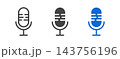 Microphone icon set vector illustration featuring outline, solid black, and blue mic symbols for audio recording, podcasting, and user interface. 143756196