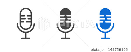 Microphone icon set vector illustration featuring outline, solid black, and blue mic symbols for audio recording, podcasting, and user interface. Microphone icon set vector illustration featuring outline, solid black, and blue mic symbols for audio recording, podcasting, and user interface. 143756196
