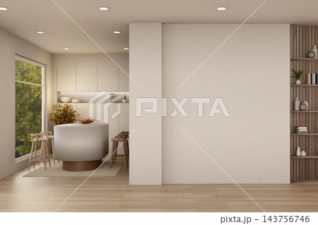 Blank Wall Mockup in Modern Open Plan Kitchen and Dining Room Interior 143756746