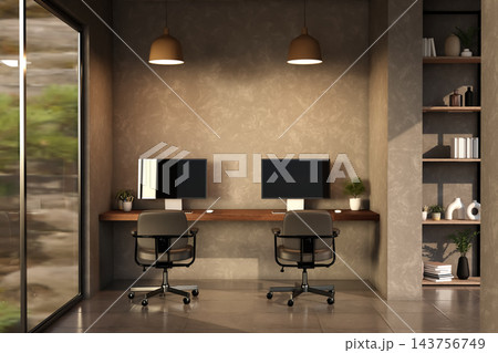 Modern Double Workstation Home Office Interior with Dual Computers and Chairs Modern Double Workstation Home Office Interior with Dual Computers and Chairs 143756749