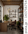 Home Office Interior Cozy Workspace with Wooden Desk Bookshelf and Chair 143756754