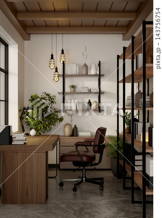 Home Office Interior Cozy Workspace with Wooden Desk Bookshelf and Chair Home Office Interior Cozy Workspace with Wooden Desk Bookshelf and Chair 143756754