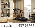 Home Gym and Workspace Interior with Treadmill and Office Desk 143756765