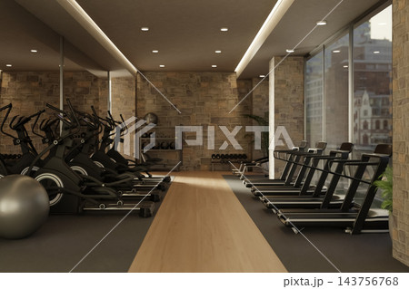 Modern Gym Interior with Treadmills Elliptical Trainers and Fitness Equipment Modern Gym Interior with Treadmills Elliptical Trainers and Fitness Equipment 143756768