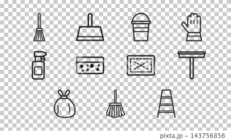 清潔工具線條藝術圖示集:掃帚、水桶、抹布、拖把、梯子(黑色) 清潔工具線條藝術圖示集:掃帚、水桶、抹布、拖把、梯子(黑色) 143756856