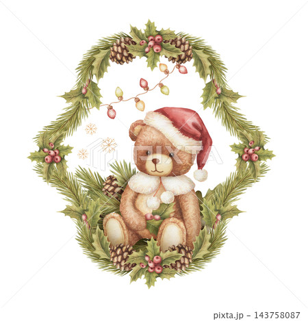 Watercolor christmas curvy frame with teddy bear in red santa hat. Vintage pine branch border shows cute plush toy and light bulb garland. Adorable xmas card template. Nostalgic holiday print design. Watercolor christmas curvy frame with teddy bear in red santa hat. Vintage pine branch border shows cute plush toy and light bulb garland. Adorable xmas card template. Nostalgic holiday print design. 143758087