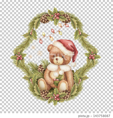 Watercolor christmas curvy frame with teddy bear in red santa hat. Vintage pine branch border shows cute plush toy and light bulb garland. Adorable xmas card template. Nostalgic holiday print design. Watercolor christmas curvy frame with teddy bear in red santa hat. Vintage pine branch border shows cute plush toy and light bulb garland. Adorable xmas card template. Nostalgic holiday print design. 143758087