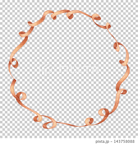 Watercolor ribbon circle frame in orange. Wavy silk lines form a vintage decorative border. Use for wedding card and invitation design. Elegant satin art suits menu template and birthday party label. 143758088