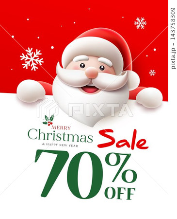 Merry christmas and new year slae, santa smile hold sign, poster design on red and white background Merry christmas and new year slae, santa smile hold sign, poster design on red and white background 143758309