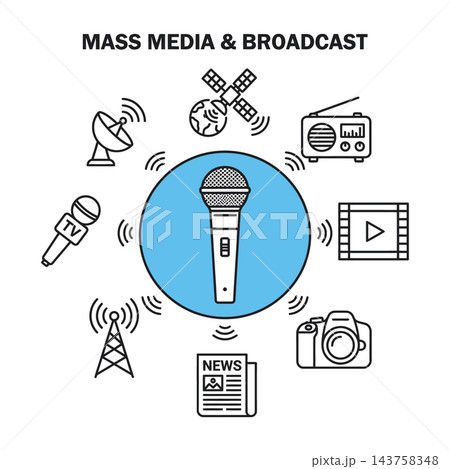 Mass Media and Broadcast Icons Set with Central Microphone for Communication News 143758348
