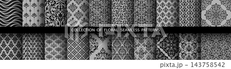 Geometric floral set of seamless patterns. Gray and black vector backgrounds. Damask graphic ornaments Geometric floral set of seamless patterns. Gray and black vector backgrounds. Damask graphic ornaments 143758542