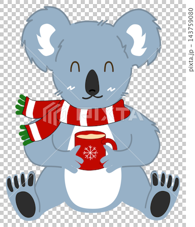 Cute Koala Wearing Red Scarf Holding Hot Chocolate Mug in Winter Season Cute Koala Wearing Red Scarf Holding Hot Chocolate Mug in Winter Season 143759080