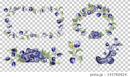 Watercolor bilberry set with berries, greenery branches and green leaves isolated. Frame, wreath and splash elements for food packaging hand drawn. Forest berry illustration for superfood branding. Watercolor bilberry set with berries, greenery branches and green leaves isolated. Frame, wreath and splash elements for food packaging hand drawn. Forest berry illustration for superfood branding. 143760924