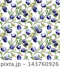 Seamless watercolor berry pattern with bilberry on leafy branches isolated. Fresh ripe fruit illustration hand painted. Wild northern berry motif repeat background for wallpaper, textile or packaging. 143760926