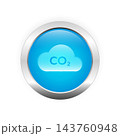 Realistic CO2 emissions in cloud icon isolated on blue button with metallic frame 143760948