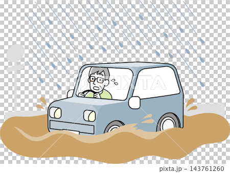 一名男子駕車駛過被洪水淹沒的道路。 一名男子駕車駛過被洪水淹沒的道路。 143761260